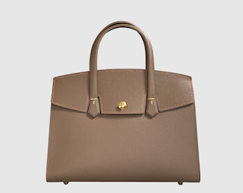 Designer Taupe Hand Sewn, Stuctured  Leather 35 Shoulder Bag, Top Handle Tote Bag