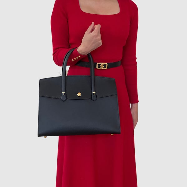 Designer Black Hand Sewn, Stuctured Epsom Leather 35 Shoulder Bag, Top Handle Sellier Tote Bag