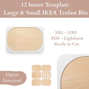 Peut inclure: Image de téléchargement numérique présentant un modèle d'insert en bois clair pour les bacs IKEA Trofast. La conception comprend diverses formes découpées et le texte "12 Insert Template" et "Ready to Cut".