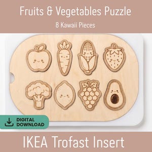 May include: Wooden puzzle with eight kawaii fruit and vegetable pieces, including an apple, carrot, corn, and strawberry. The puzzle is designed as an IKEA Trofast insert and is a digital download.