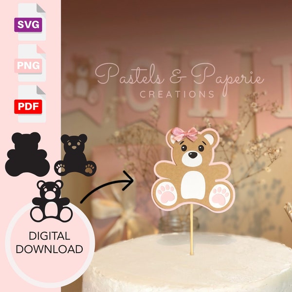 Teddy Bear Svg Png Pdf Digital Download Cute First Birthday Party Caketopper Decoration for Birthday Babyshower Pink Bow