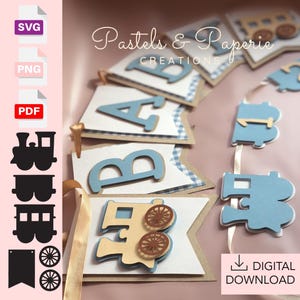 列車のワゴンカート SVG、PNG、PDF クリップアート レトロ機関車 誕生日バナー グローブトロッター デジタルダウンロード カットファイル