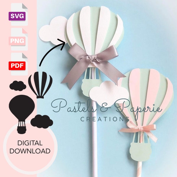 Hot Air Balloon Svg, Png, Pdf, Caketopper Birthday Decor Digital Download Scrapbooking Cut File for Cardmaking Arts and Craft