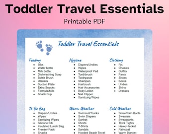 Puede incluir: Una lista de verificación imprimible de artículos esenciales para viajar con un niño pequeño, organizada en categorías: Alimentación, Higiene, Ropa, Bolsa para llevar, Clima cálido, Clima frío, Entretenimiento, Equipo y Otros. La lista de verificación incluye artículos como baberos, pañales, toallitas, protector solar, trajes de baño, botas de nieve, etc.