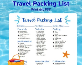 May include: A printable travel packing list with categories for essentials, toiletries, clothing, warm weather, and cold weather. The list includes items like passport, toothbrush, jeans, swimsuits, and snow boots. A cartoon beach bag and flip flops are in the bottom left corner.