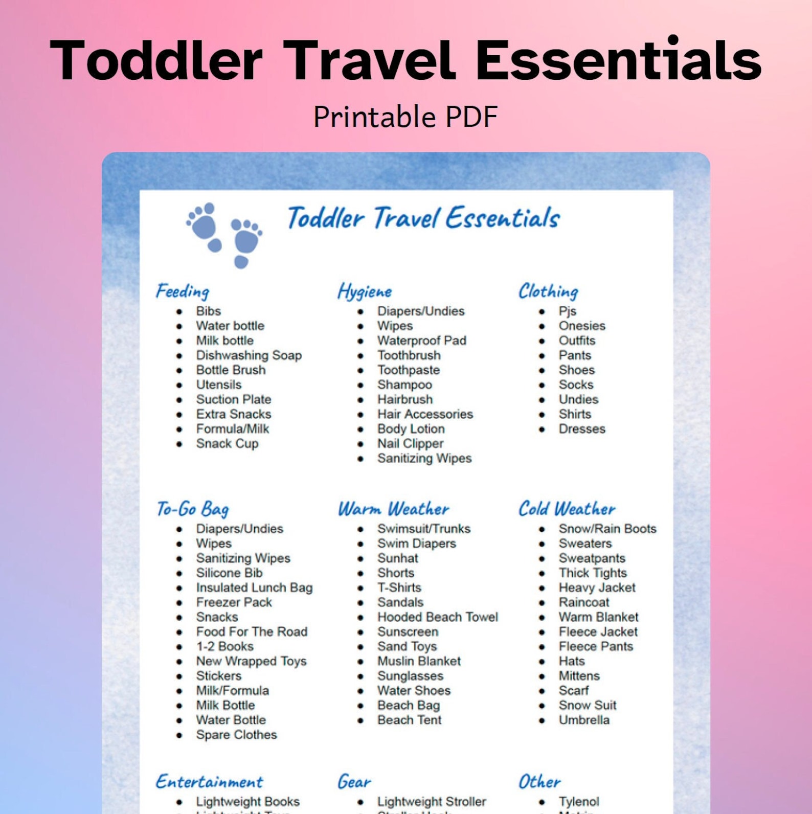 Toddler or Small Child Travel Essentials Packing List PDF Instant