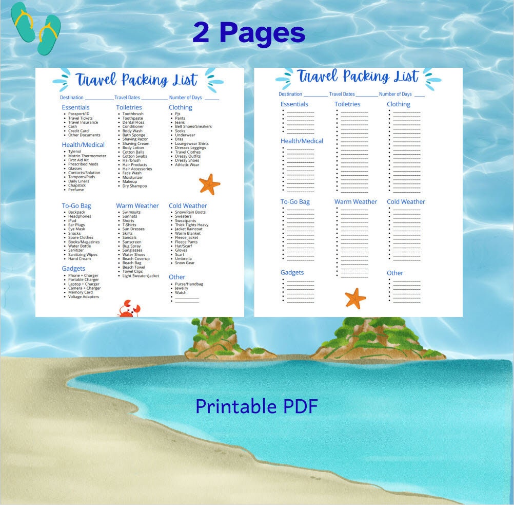 Travel Packing List Printable PDF - Instant Download - Vacation ...