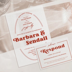 Conjunto de convite de casamento minimalista retrô e RSVP | A6 - com Envelopes de Cortesia