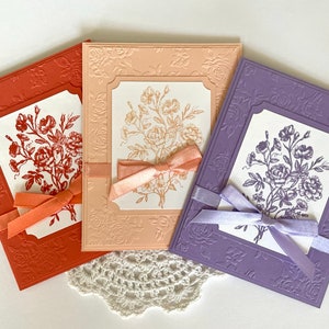 Set of 3 handstamped blank cards featuring vintage florals, floral embossing, and ribbon