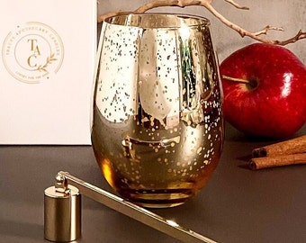 Combo Gift:  Apple Cinnamon - Gold Mercury stemless wine glass candle - WITH matching gold snuffer and gift box