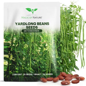 Könnte beinhalten: Eine weiße Samentüte mit der Aufschrift MAGIC OF NATURE YARDLONG BEANS SEEDS METERBOHNEN und einer Grafik von grünen Bohnenranken. Der Text CONTENT: 20 SEEDS / INHALT: 20 SAMEN steht unten. Im Vordergrund liegen mehrere braune, ovale Samen.