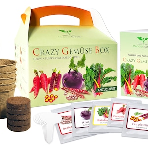 Crazy Gemüse Box - Samen Anzuchtset - 5 Irre Gemüse Sorten zum Selberzüchten oder zum Verschenken - Geschenkidee I Garten I Geschenkbox