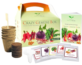 Crazy Gemüse Box - Samen Anzuchtset - 5 Irre Gemüse Sorten zum Selberzüchten oder zum Verschenken - Geschenkidee Weihnachten I Geschenkbox