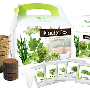 Könnte beinhalten: Eine weiße Box mit einem grünen Griff und dem Text "Kräuter Box" auf der Vorderseite. Die Box enthält ein Set mit Kräutersamen, Torftabletten und kleinen Töpfen. Die Box enthält auch ein Booklet mit Anweisungen zum Pflanzen und Anbauen von Kräutern.
