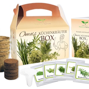 Könnte beinhalten: Eine braune Pappbox mit Griff, beschriftet mit "Oma's Küchenkräuter BOX" und einer Comic-Illustration einer älteren Frau. Die Box enthält ein Gartenset mit Torftabletten, Saatgut-Päckchen und kleinen Töpfen. Die Saatgut-Päckchen sind mit den Namen der Kräuter in Deutsch beschriftet: "Schn", "Garte", "Dil", "Pote" und "Bohnenkraut".