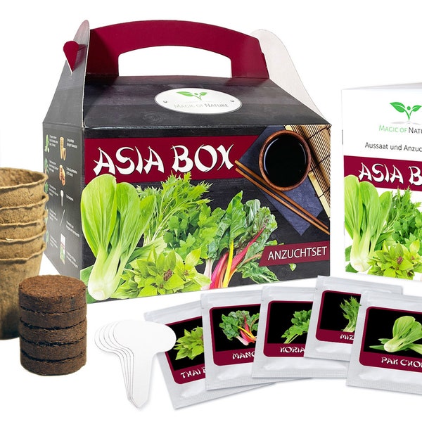 Asia Box Anzuchtset - 5 Kräuter und Gemüse Samen für die Asiatische Küche - Zum Selberzüchten oder zum Verschenken - Geschenk Weihnachten