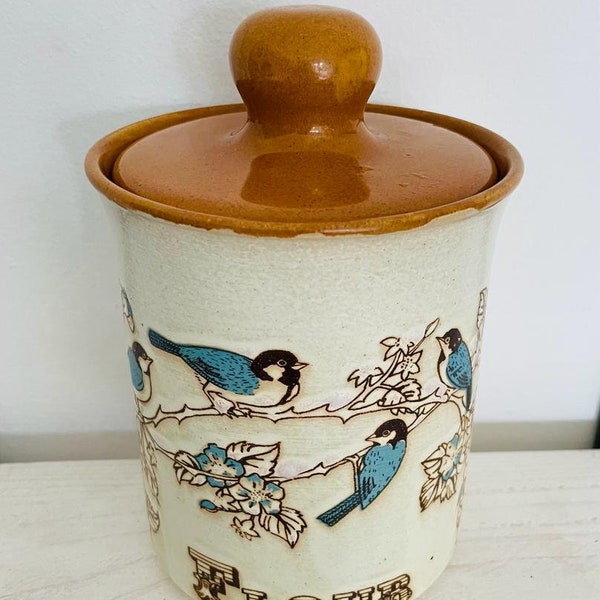 Vintage 1970s Ashdale Pottery Kitchen Jar flour blue tit birds