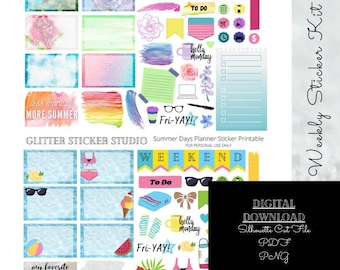 Summer Days Weekly Sticker Kit Printable, Planner Digital Download, Personal Size Planner, Hobonichi Weeks, Erin Condren, Happy Planner