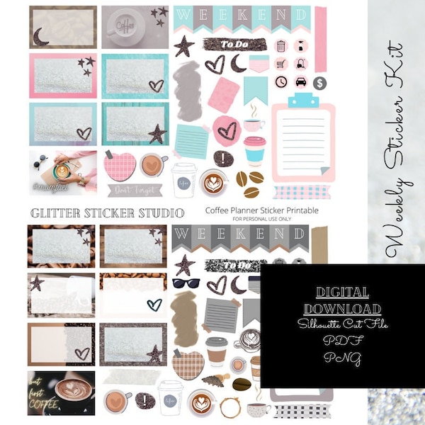 Coffee Weekly Sticker Kit Printable, Planner Digital Download, Personal Size Planner, Hobonichi Weeks, Erin Condren, Happy Planner