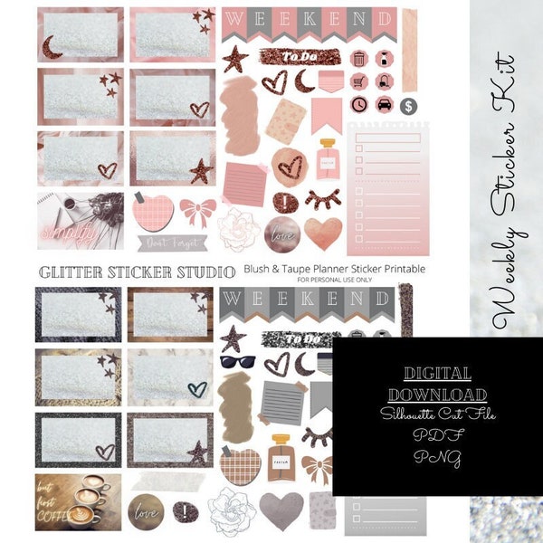 Blush & Taupe Weekly Sticker Kit Printable, Planner Digital Download, Personal Size Planner, Hobonichi Weeks, Erin Condren, Happy Planner