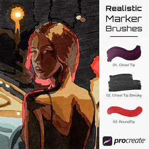 May include: A digital illustration of a woman's face and shoulders, created using a marker brush effect. The image is accompanied by a text overlay that reads "Realistic Marker Brushes" and shows three different brush strokes labeled "Chisel Tip", "Chisel Tip Streaky", and "RoundTip". The image also includes the Procreate logo.