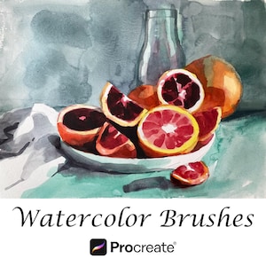 May include: A watercolor painting of sliced blood oranges in a white bowl next to a glass bottle, with the text Watercolor Brushes and the Procreate logo below. The oranges feature deep red and orange hues against a muted teal background.