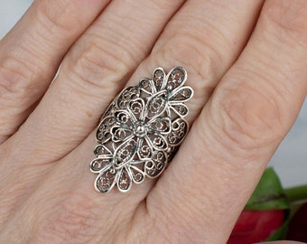 925 Sterling Silver Filigree Art Lace Design Women Statement Ring