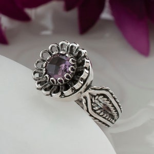 Sterling Silver Dainty Amethyst Women Cocktail Ring, Handcrafted Lace Embroidery Filigree Art Statement Cocktail Ring