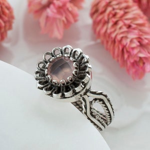Sterling Silver Dainty Pink Chalcedony Women Cocktail Ring, Handcrafted Lace Embroidery Filigree Art Statement Cocktail Ring