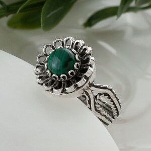 Sterling Silver Dainty Malachite Women Cocktail Ring, Handcrafted Lace Embroidery Filigree Art Statement Cocktail Ring