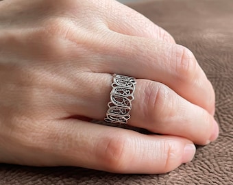 925 Sterling Silver Filigree Art Lace Design Women Band Ring