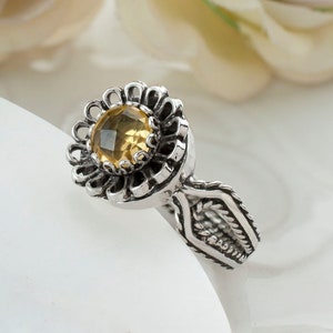 Sterling Silver Dainty Citrine Women Cocktail Ring, Handcrafted Lace Embroidery Filigree Art Statement Cocktail Ring