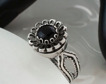 Sterling Silver Dainty Black Onyx Women Cocktail Ring, Handcrafted Lace Embroidery Filigree Art Statement Cocktail Ring
