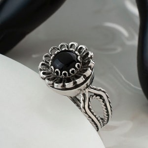 Sterling Silver Dainty Black Onyx Women Cocktail Ring, Handcrafted Lace Embroidery Filigree Art Statement Cocktail Ring