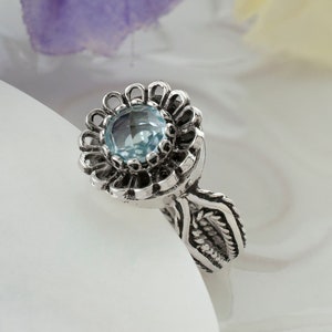 Sterling Silver Dainty Blue Topaz Women Cocktail Ring, Handcrafted Lace Embroidery Filigree Art Statement Cocktail Ring