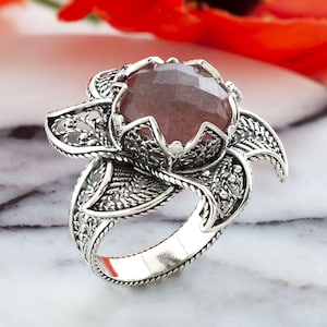 925 Sterling Silver Lotus Flower Women Ring, Cherry Quartz Gemstone Cocktail Ring