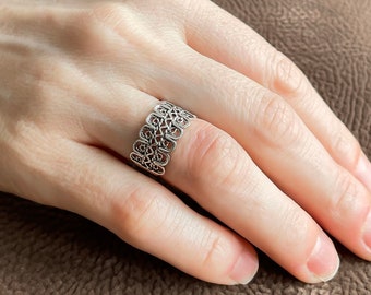 925 Sterling Silver Filigree Art Lace Design Women Band Ring