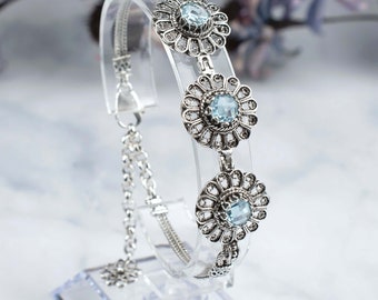 Flower Bracelet with Blue Topaz Gemstone, Sterling Silver Filigree Adjustable Jewelry