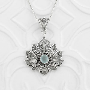 925 Sterling Silver Filigree Art Aqua Chalcedony Lotus Flower Women Pendant Necklace, 18&quot;+2&quot; Silver Chain Option