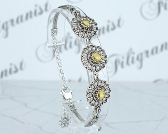 Citrine 925 Sterling Silver Flower Bracelet Artisan Handcrafted Filigree Art Link Bracelet