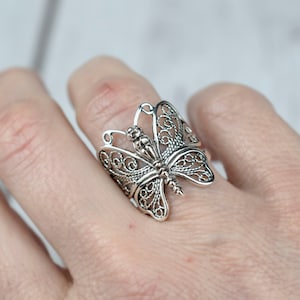 925 Sterling Silver Filigree Art Butterfly Design Women Cocktail Ring, Solid Silver Handcrafted Lace Detailed Valentines Gift Ring