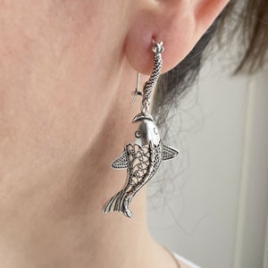 925 Sterling Silver Filigree Art Fish Dangle Drop Earrings, Solid Silver Handmade Dolphin Figured Women Dangle Earrings, Fantasy Earrings