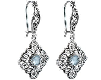 Dangle Drop Earrings, 925 Sterling Silver Filigree Flower Handmade Jewelry