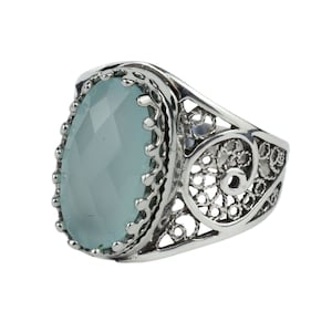 925 Sterling Silver Filigree Art Aqua Chalcedony Oval Women Cocktail Ring