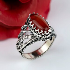 925 Sterling Silver Filigree Art Angel Wings Carnelian Women Cocktail Ring