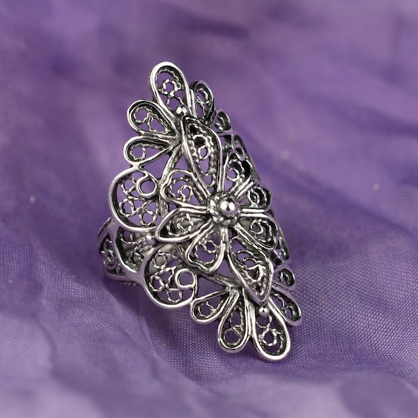 925 Sterling Silver Filigree Art Lace Design Women Statement Ring