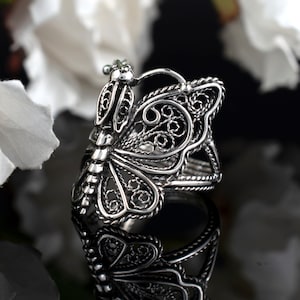 Sterling Silver Butterfly Women Cocktail Ring, Artisan Made Handcrafted Lace Filigree Art Everyday Use Ring, Gift Boxed