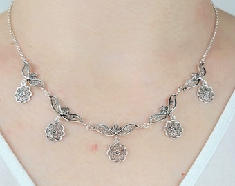 925 Sterling Silver Choker Necklace Handcrafted Filigree Design Daisy Figured Women Choker Necklace
