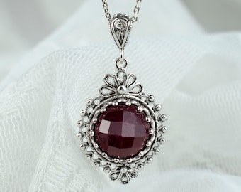 925 Sterling Silver Filigran Konst Boho Rubin Korund Damhänge Halsband