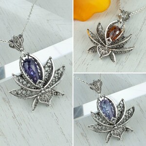 925 Sterling Silver Filigree Art Women Purple/Orange/Lilac Quartz Lotus Flower Pendant Necklace, 18&quot;+2&quot; Silver Chain Option